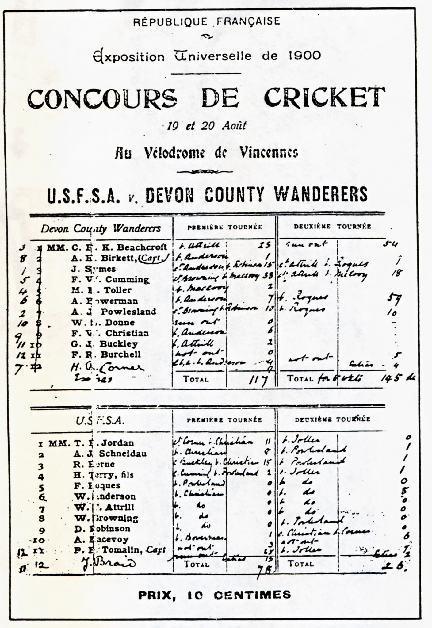The scorecard of the cricket match played at the 1900 Olympics ©Philip Barker