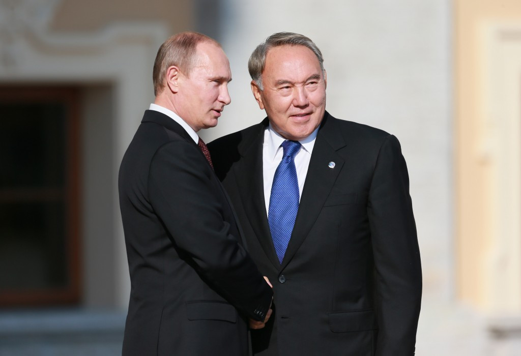 Nursultan Nazarbayev, pictured with Russian counterpart Vladimir Putin, was re-elected for a fresh five year term last month ©AFP/Getty Images