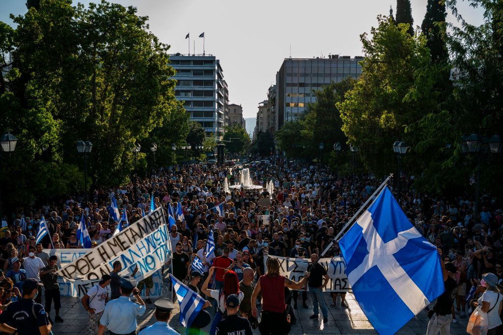 Protestors demonstrated against the COVID-19 vaccine in Athens in July ©Getty Images