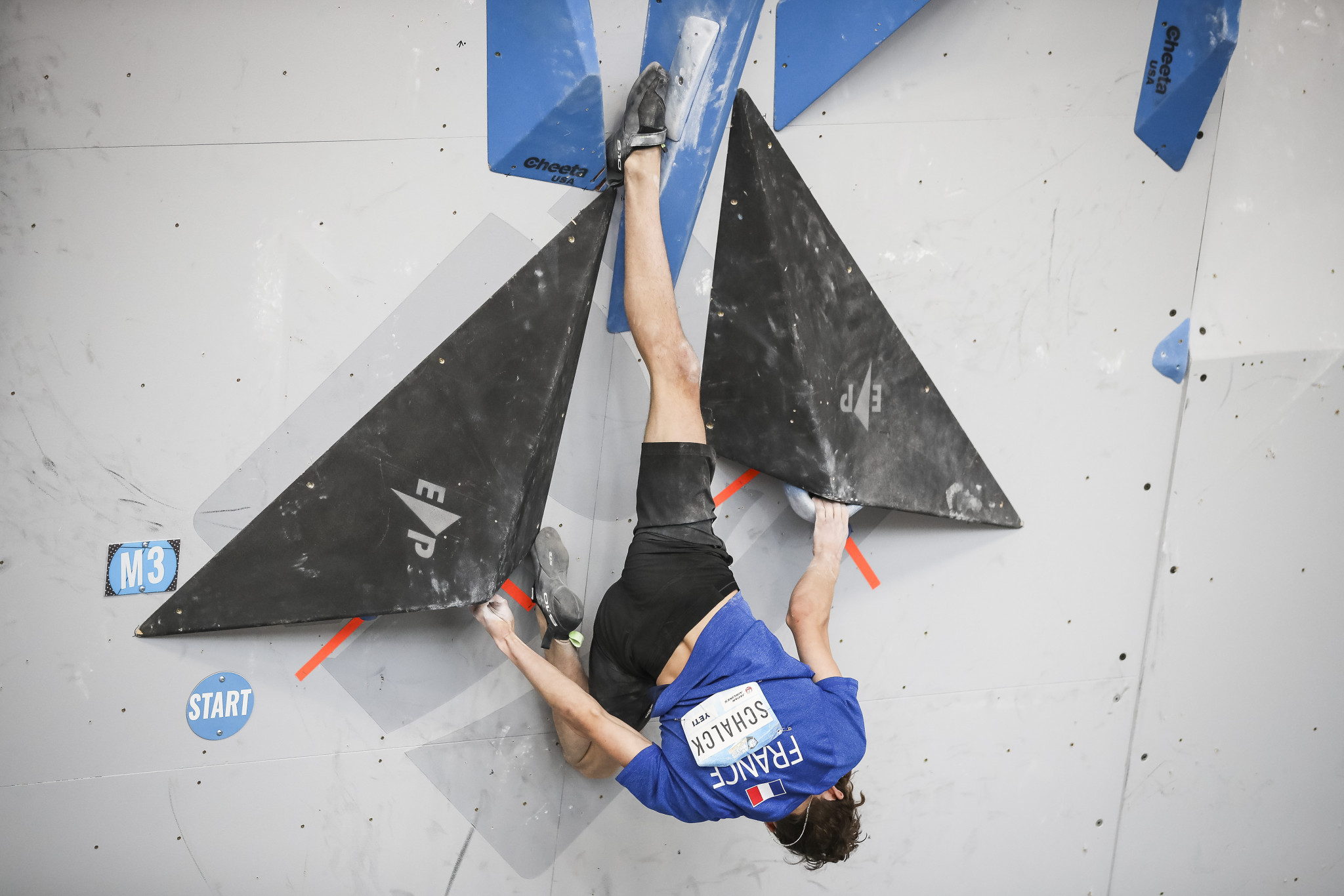 Mejdi Schalck placed 13th overall in the boulder tournament at the 2021 Climbing World Cup event in Briançon in France ©Getty Images