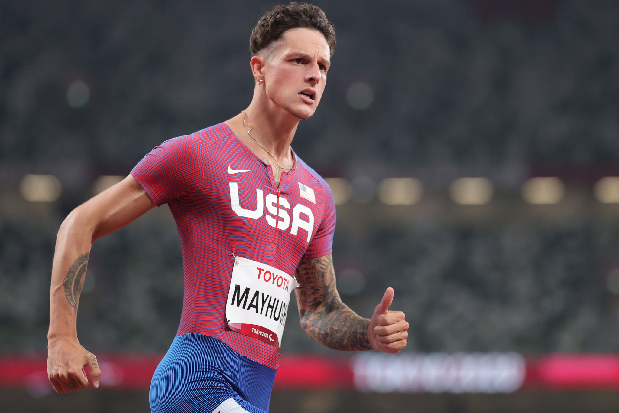 Athletics began and American sprinter Nick Mayhugh twice broke the world record in the men's T37 100m, running 10.95sec in the final ©Getty Images