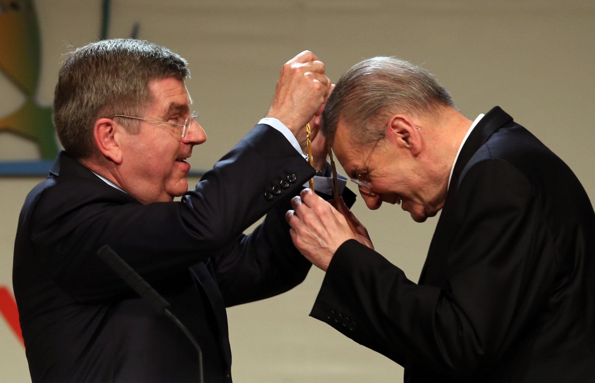 Jacques Rogge, right, was succeeded by Thomas Bach, left, as IOC President in 2013 ©Getty Images