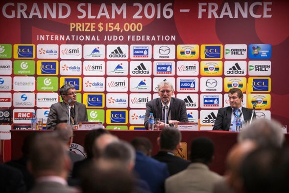 French Judo Federation President Jean-Luc Rougé (centre) emphasised the importance of the Paris Grand Slam at the start of this Olympic year, something whch will not be lost on Brazil's Sarah Menezes ©IJF