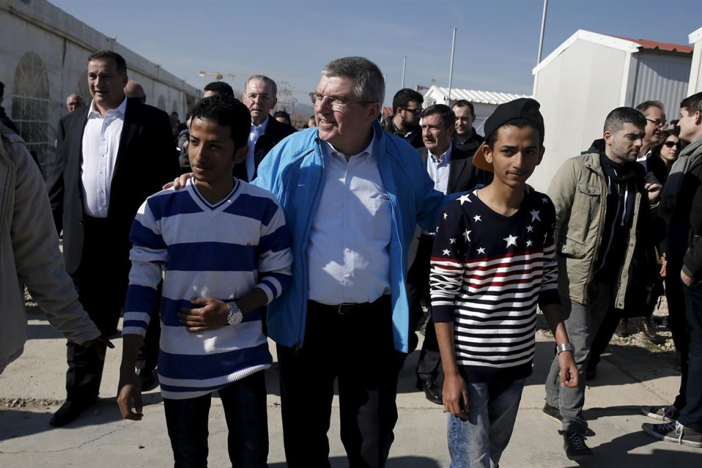 International Olympic Committee President Thomas Bach sent a powerful message when he visited the Eleonas refugee camp in Athens last month ©IOC