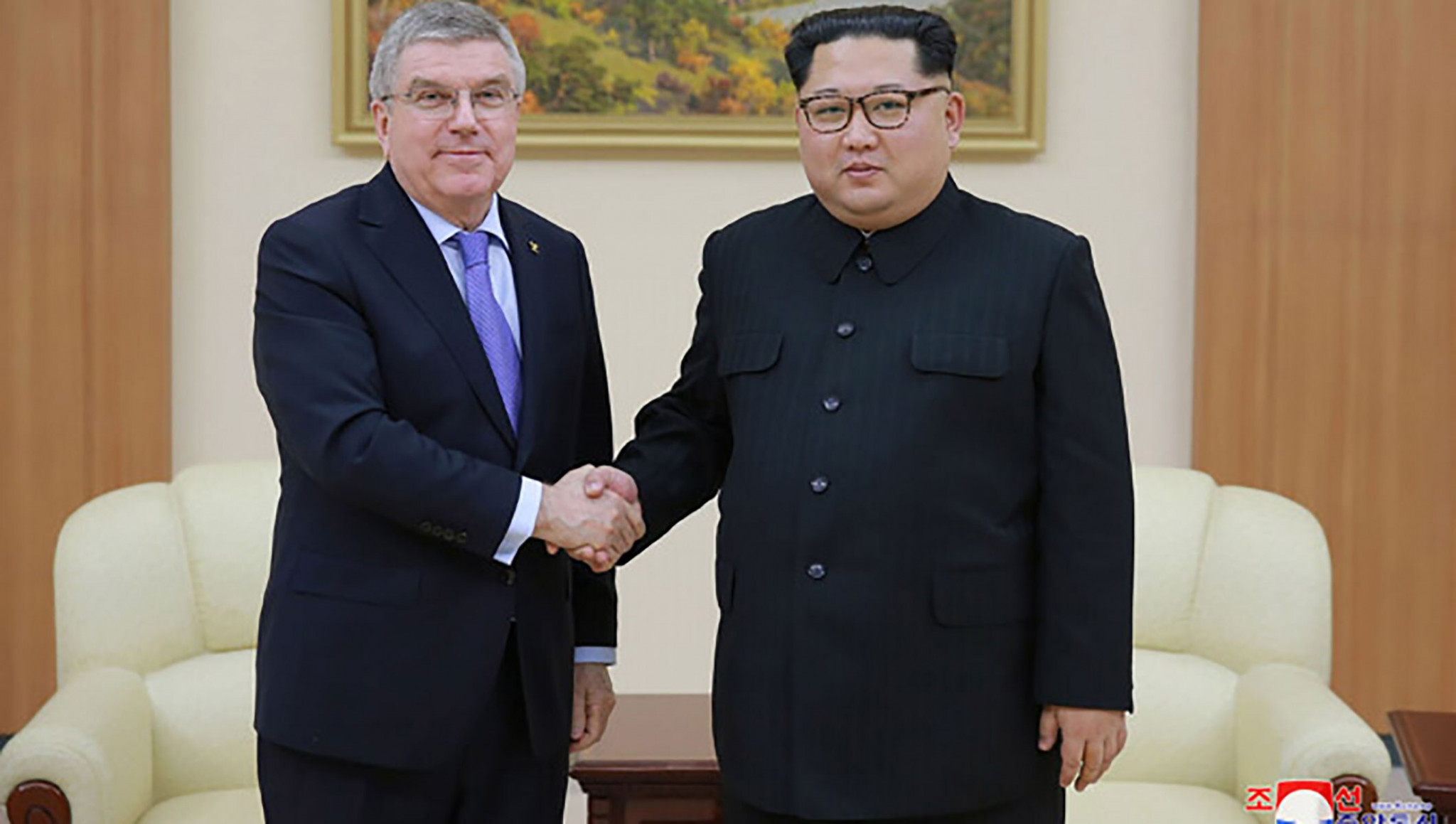 IOC President Thomas Bach travelled to Pyongyang to meet North Korea's supreme leader Kim Jong-un in March 2018 ©KNCA