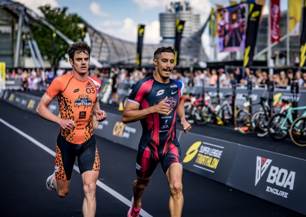 Jonny Brownlee, left, will be looking to take the men's individual SLT title off Vincent Luis, right ©Super League Triathlon