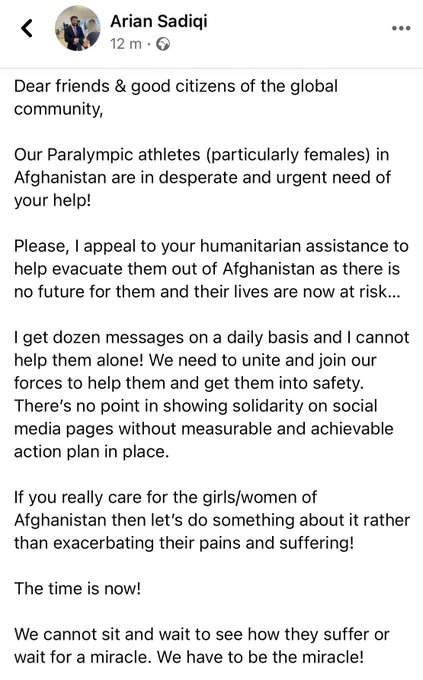 Arian Sadiqi sent out a plea to help evacuate Afghan athletes ©Arian Sadiqi Facebook