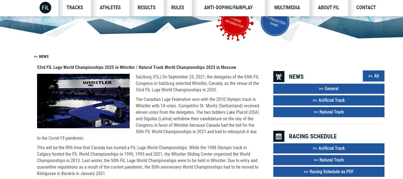 The FIL published an article about the awarding of the 2023 Natural Track World Championships in Moscow, before amending it to delete almost all references to the decision - except in the headline ©ITG