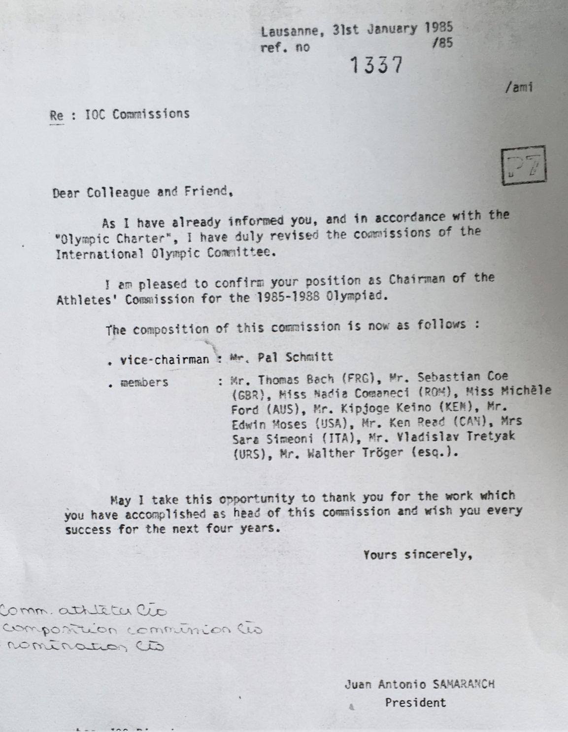 A letter confirming the composition of the first IOC Athletes' Commission ©Michelle Ford