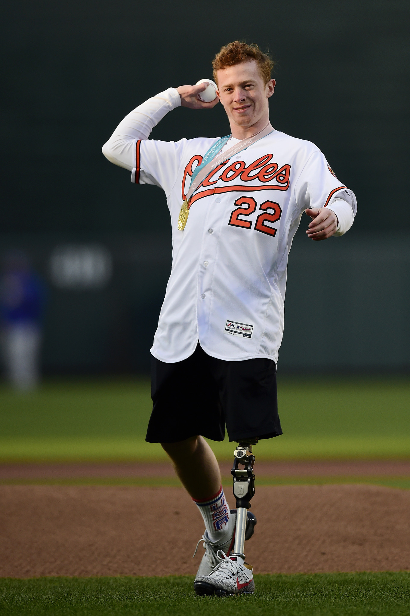 Noah Grove performed a ceremonial first pitch before a Baltimore Orioles game after winning Paralympic gold in Pyeongchang ©Getty Images