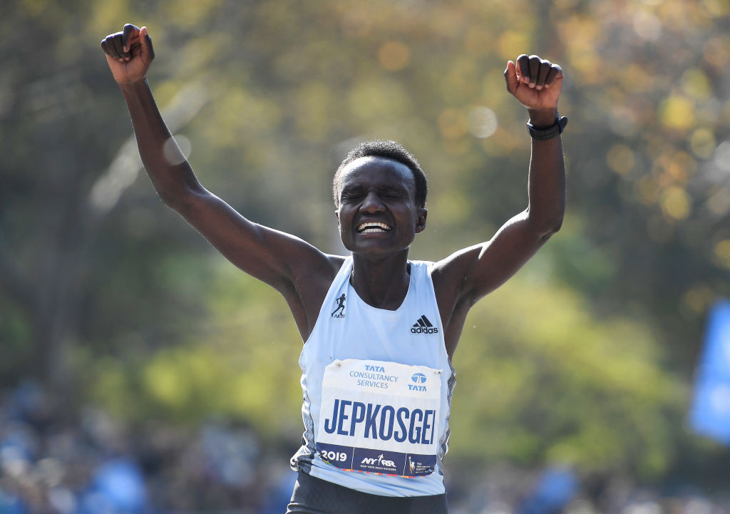 Joyciline Jepkosgei, pictured winning her debut marathon in New York in 2019, will run her first London Marathon on Sunday ©Getty Images
