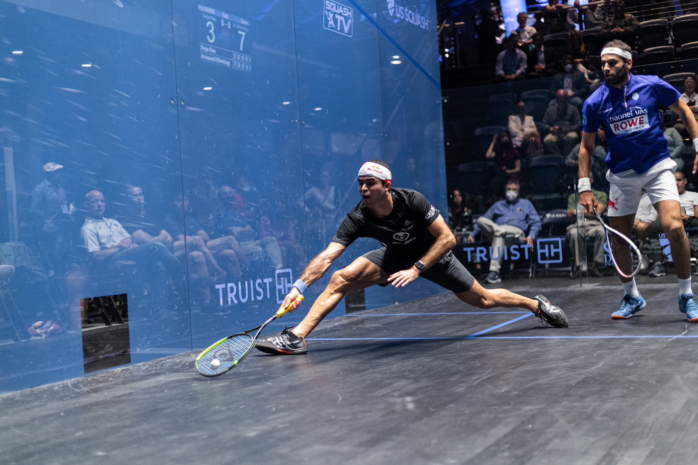 Diego Elias, left, came from a game down to defeat world number two Mohamed ElShorbagy ©PSA