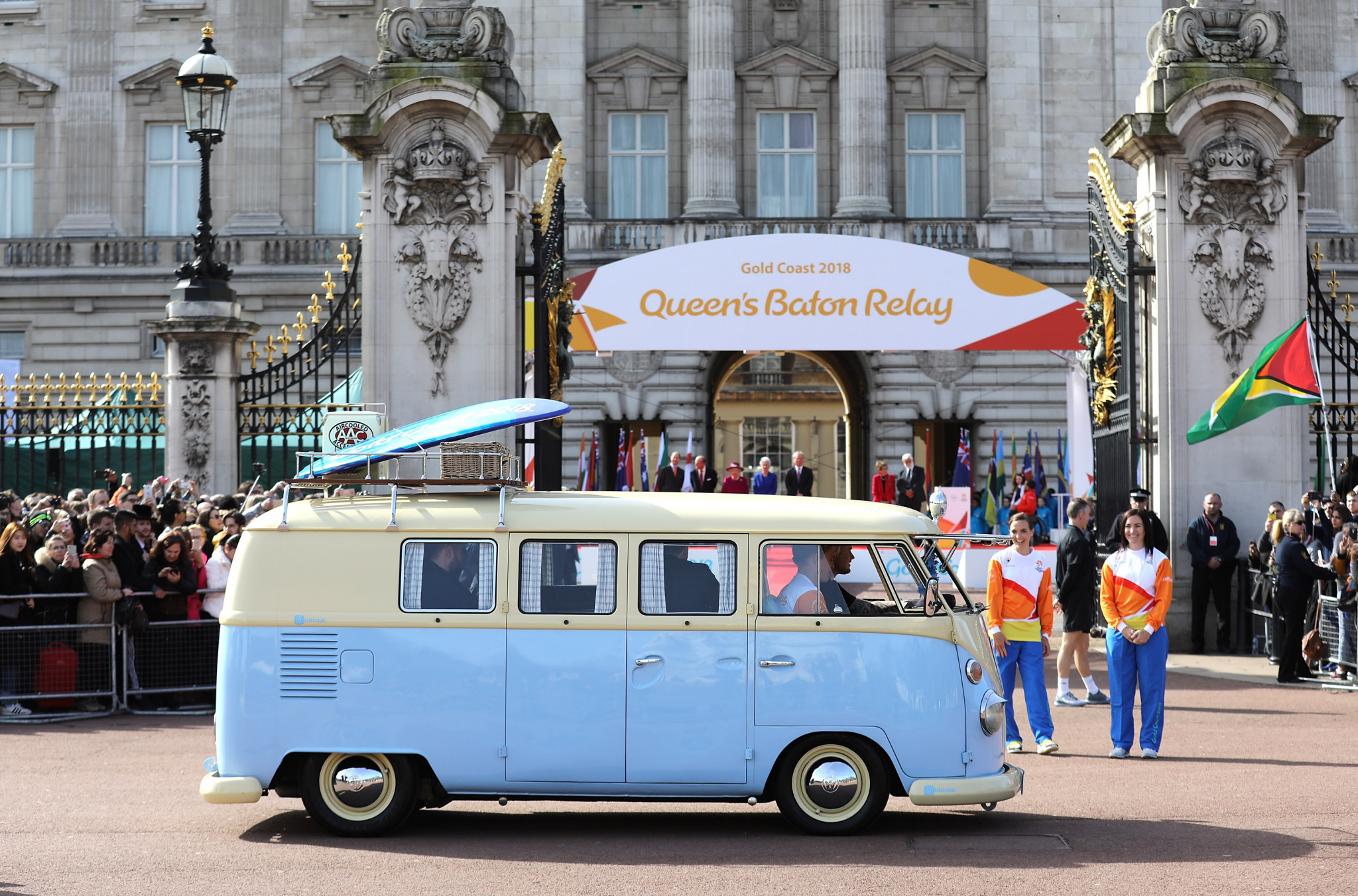 A camper van was given prominence when the Gold Coast 2018 Baton Relay began at Buckingham Palace ©Getty Images