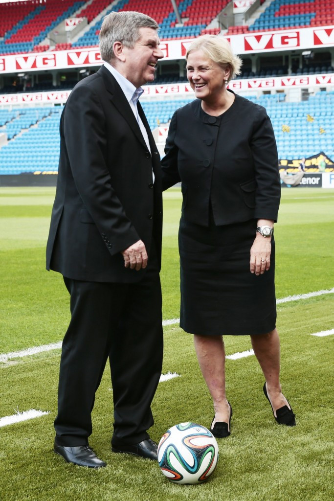 Thomas Bach pictured with Norwegian Culture Minister Thorhild Widvey on his last IOC visit to Norway in May 2014 ©Getty Images