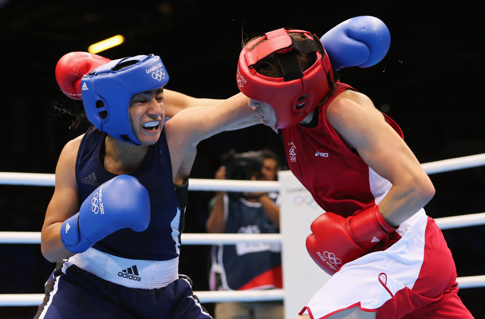 Mavzuna Chorieva, left, is the only boxer to have represented Tajikistan at the Olympic Games, winning a bronze in the women's lightweight division at London 2012 ©Getty Images