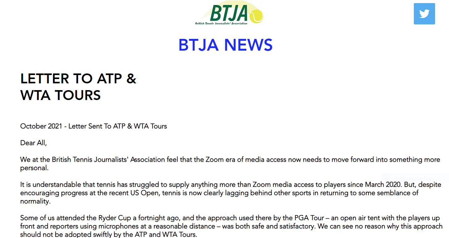 British Tennis journalists have written to the ATP and WTA Tours requesting the swift return of person-to-person contact between players and media ©BTJA