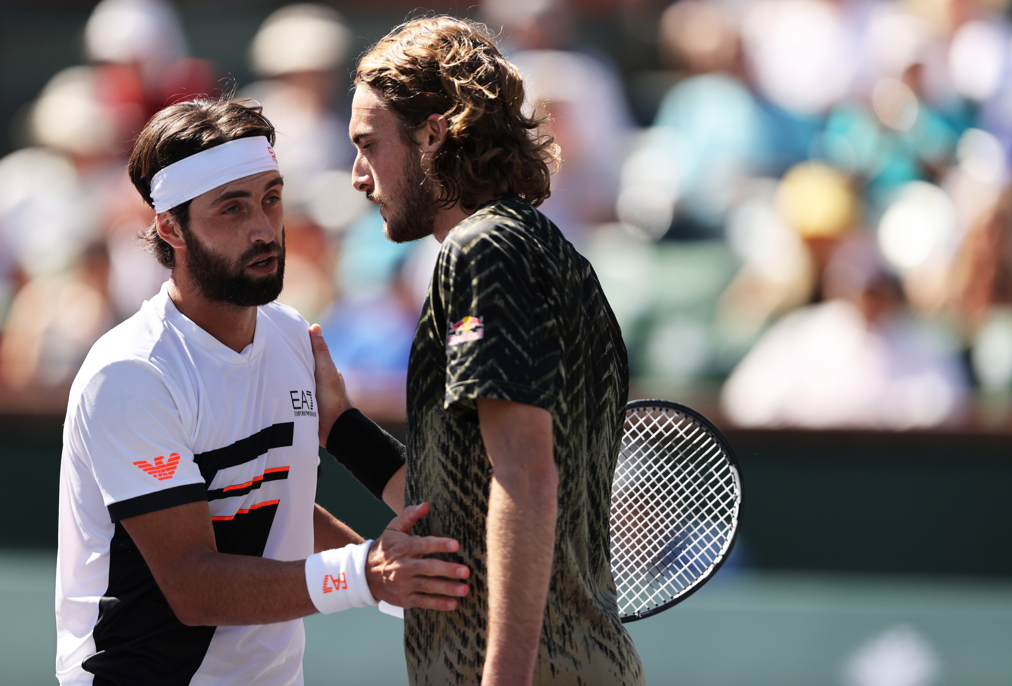 Stefanos Tsitsipas, right, suffered a shock defeat to Nikoloz Basilashvili, right, in the Georgian's first appearance at an ATP Masters 1000 semi-final ©Getty Images