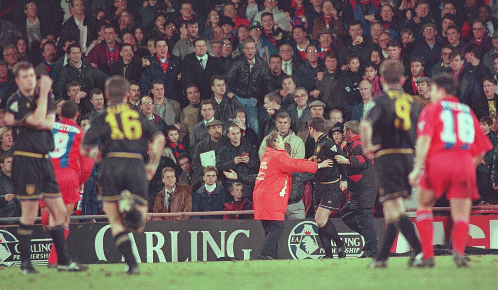 In a reverse of the usual dynamic, Manchester United's Eric Cantona invaded the terrace to attack a Crystal Palace fan who was abusing him during a match in 1995 - and later served a lengthy ban ©Getty Images