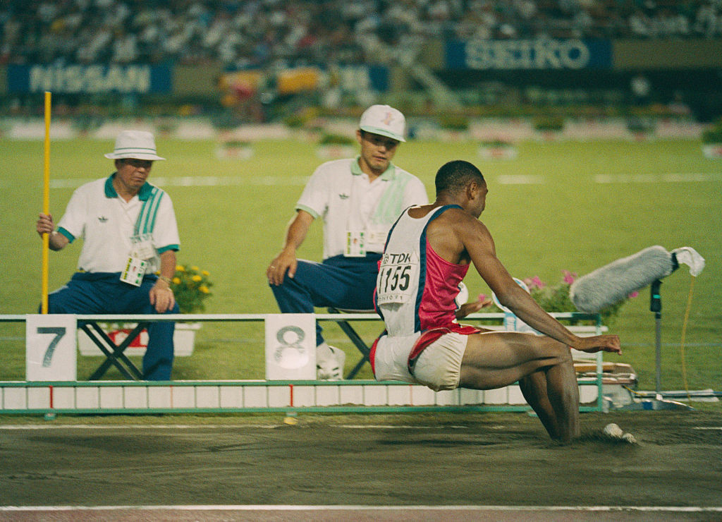 Stan Greenberg was in the stadium at the 1991 Tokyo World Championships when Mike Powell set the current men's world long jump record of 8.95m - but missed seeing it because BBC commnentator David Coleman asked him to check something. So it didn't make his own official list of records witnessed...©Getty Images