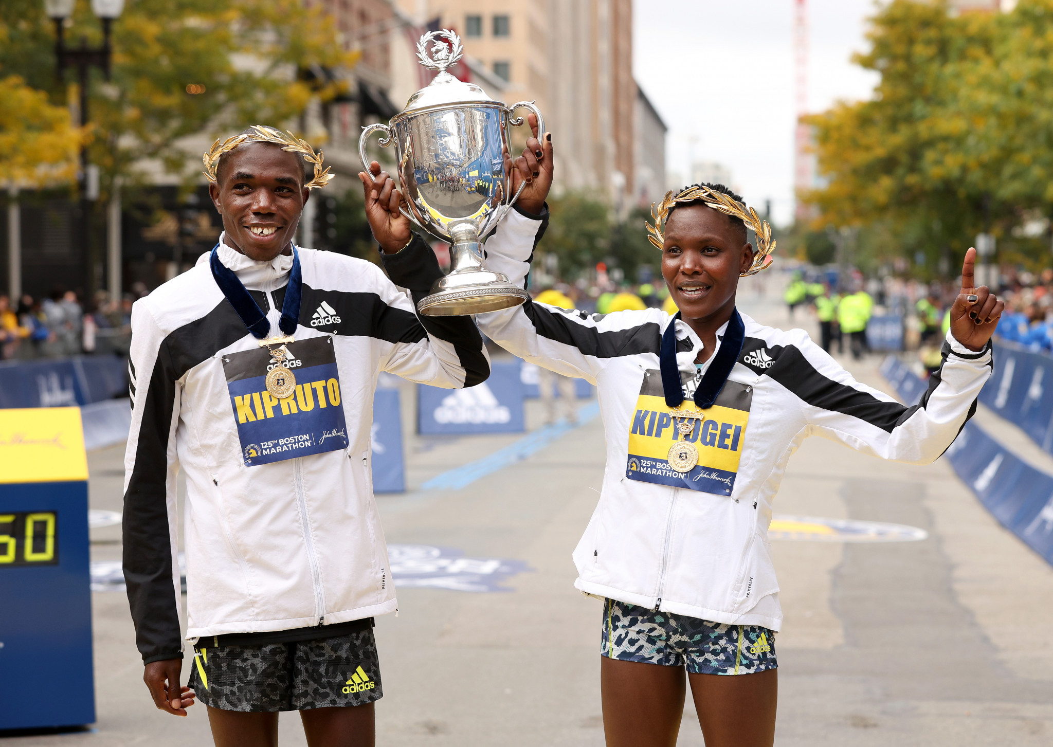 Kenyans Benson Kipruto, left, and Diana Kipyogei, right, won the men's and women's race respectively at the 125th Boston Marathon ©Getty Images