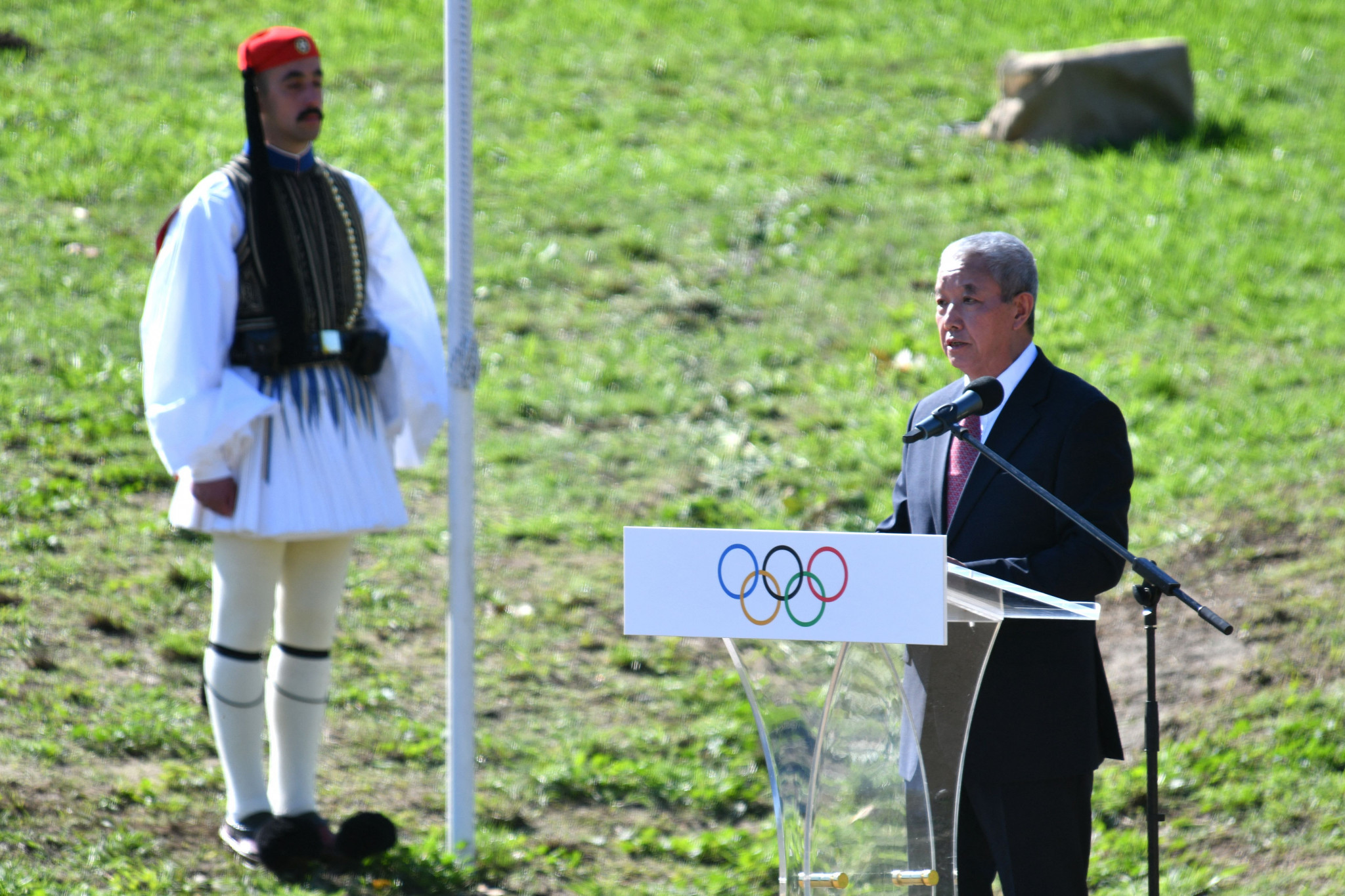 Beijing 2022 vice-president Yu Ziaqing speaks during the Flame Lighting Ceremony in Ancient Olympia ©Getty Images 