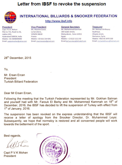 The IBSF's letter to the Turkish Billiard Federation, revoking the suspension