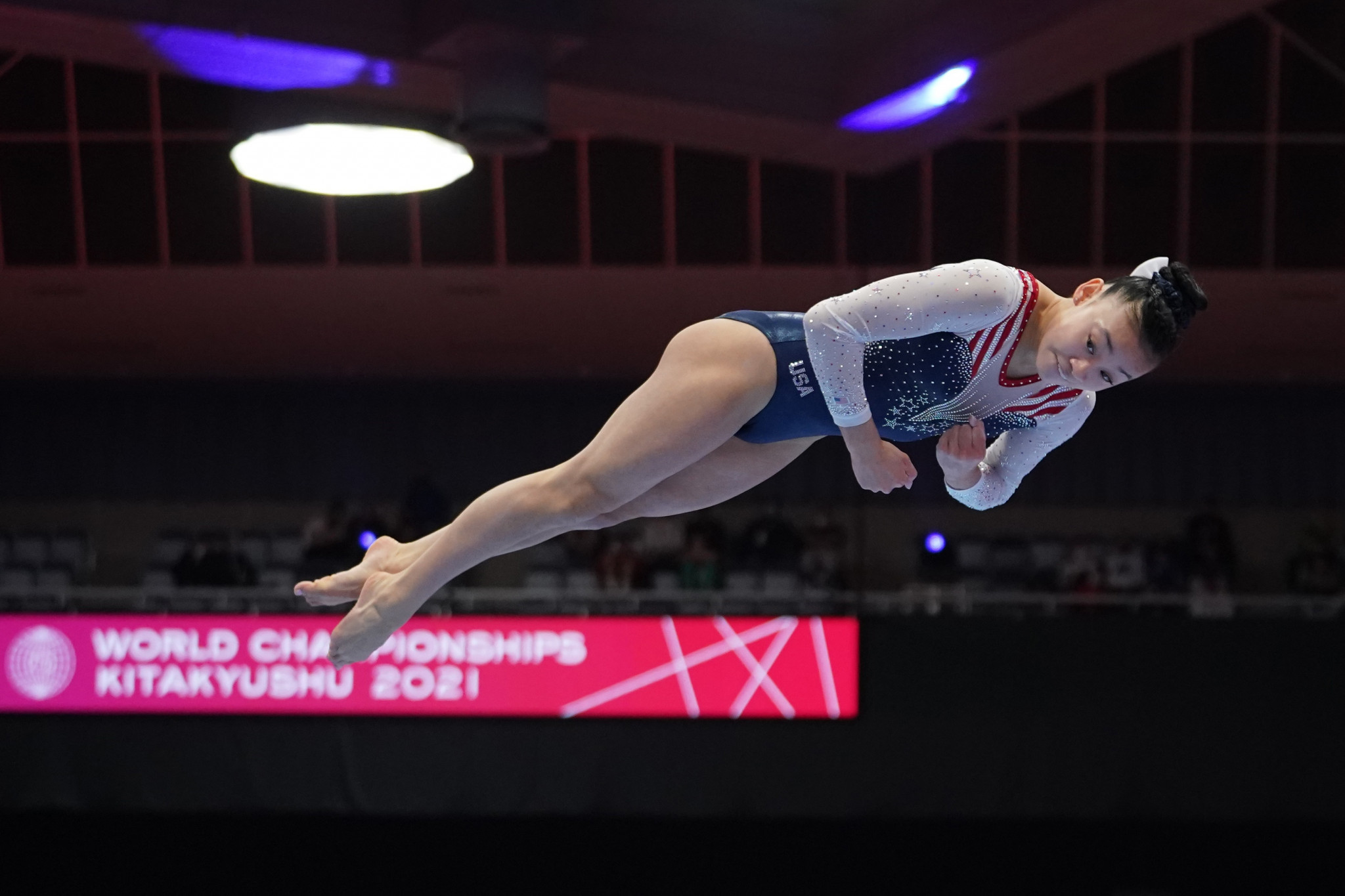 Leanne Wong was one of two Americans on the podium as she looked to fill the void left by the absent Simone Biles ©Getty Images