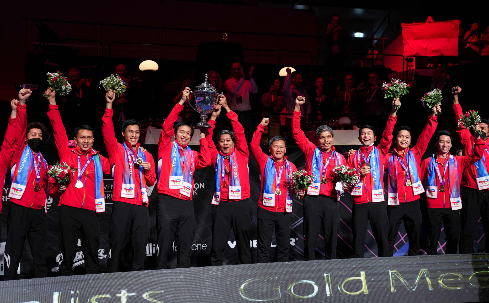 Indonesia's flag was not flown during the victory ceremony after the men's badminton team won the Thomas Cup in Denmark last Sunday ©Getty Images