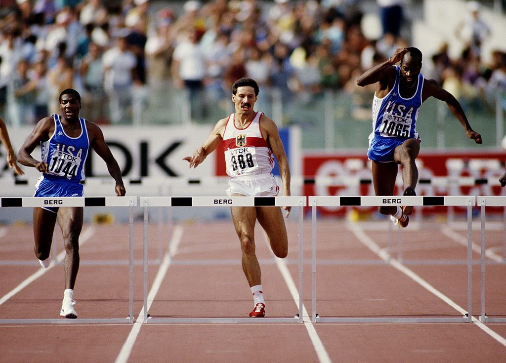 Ed Moses, pictured heading towards a second world 400m hurdles title in Rome, established a winning run of 122 races between 1977 and 1987 ©Getty Images