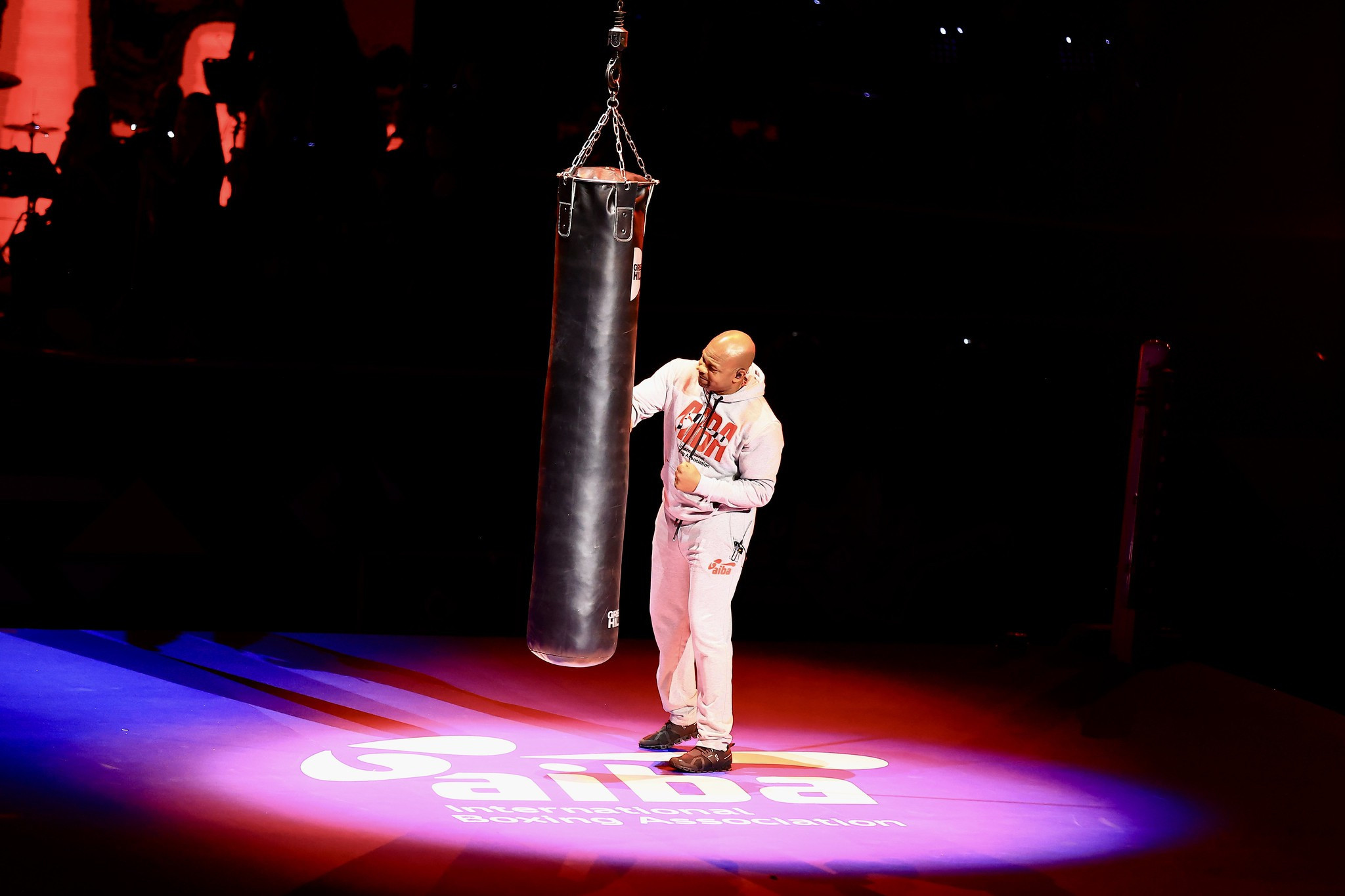 Roy Jones Jr took to a punching bag to the song Eye of the Tiger during one of many memorable performances during the Opening Ceremony ©AIBA