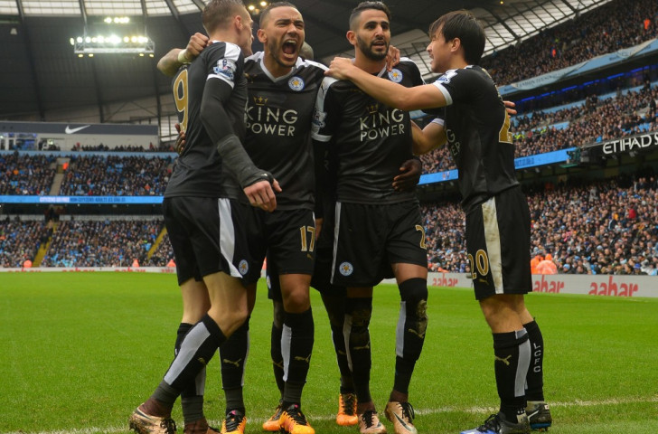 Riyad Mahrez (second right) celebrates scoring Leicester City's second goal in their 3-1 win at Manchester City ©Getty Images