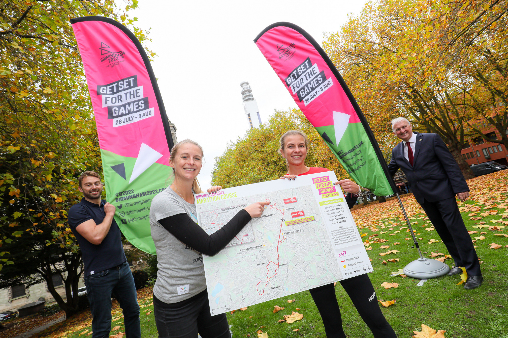 Matt Kidson (left), Hannah England (second left), Hayley Carruthers (second right) and Cllr Ian Ward (right) unveiled the marathon route which includes a 6.2km lap of Birmingham city centre ©Birmingham 2022