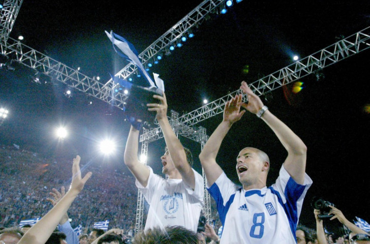 Greece, late entrants to the 2004 European Championships, celebrate their unexpected win over hosts Portugal in the final - one of the biggest sporting shocks ever ©Getty Images