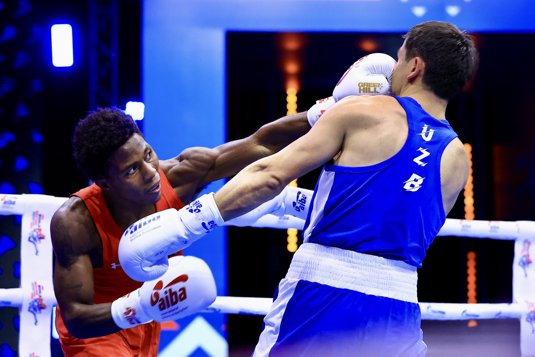 Jahmal Harvey of the United States upset the world champion Mirazizbek Mirzakhalilov in the under-67kg ©AIBA