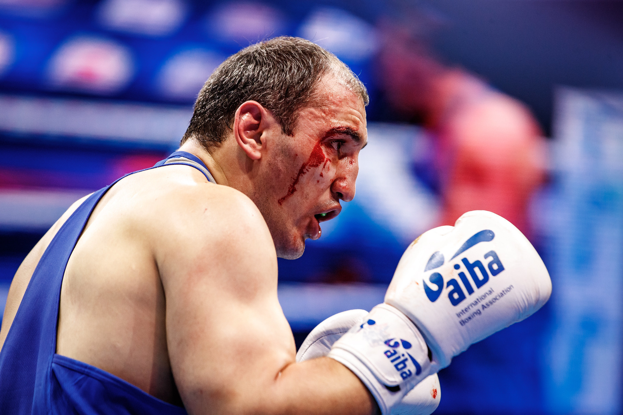 Sadam Magomedov was bloodied and beaten, but defeated Brazilian Abner Teixeira da Silva in the under-92kg category ©AIBA