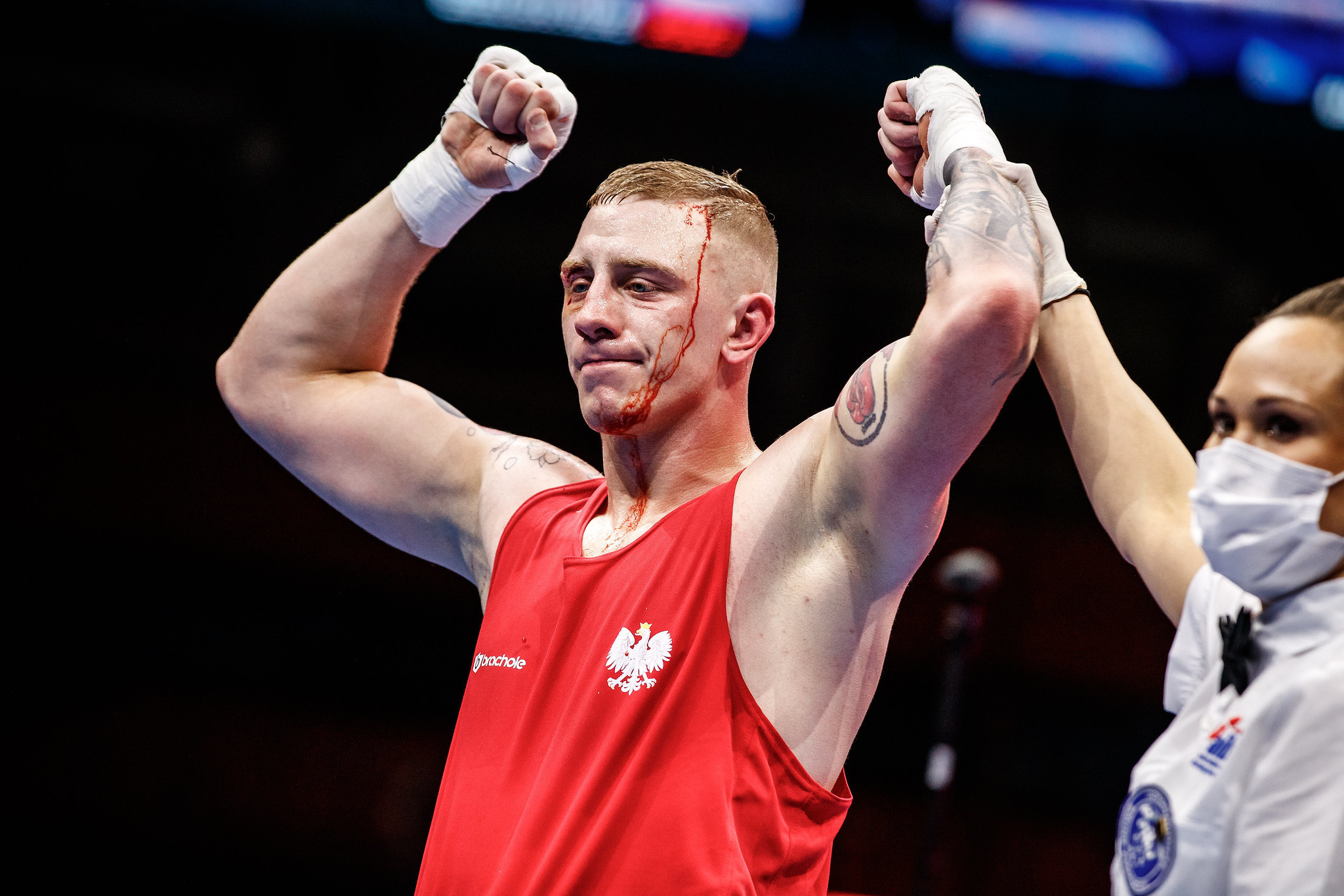 Poland's Sebastian Viktorzak was left bleeding, but more importantly, with the win after his match with Christopher Luteke of the Democratic Republic of Congo ©AIBA