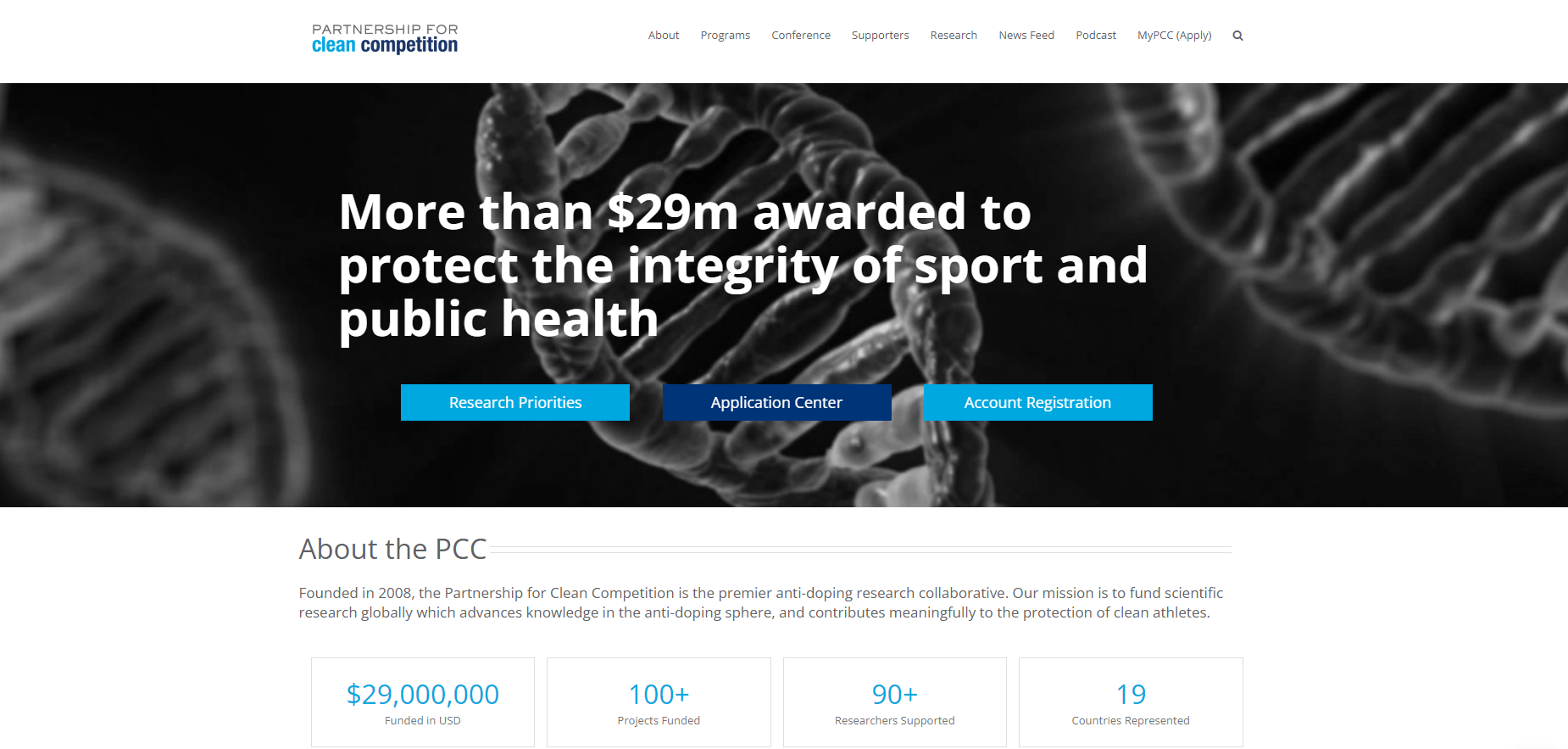 The Partnership for Clean Competition claims to  promote the integrity and fairness of sport by funding the majority of the world’s anti-doping research.©PCC