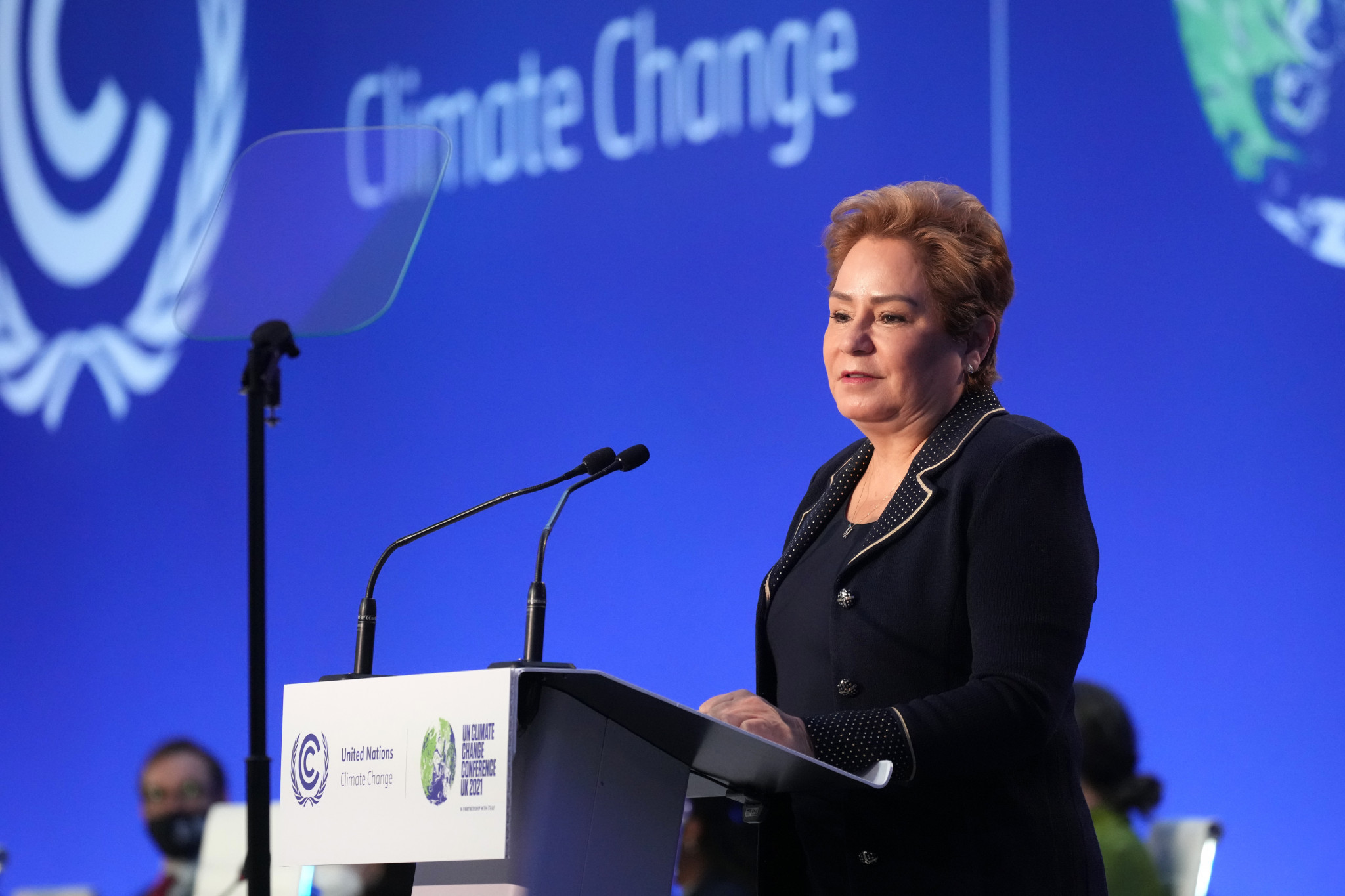 Mexico's UN Climate Change executive secretary Patricia Espinosa revealed the Sports for Climate Action Framework goal of achieving net-zero emissions by 2040 at COP26 ©Getty Images