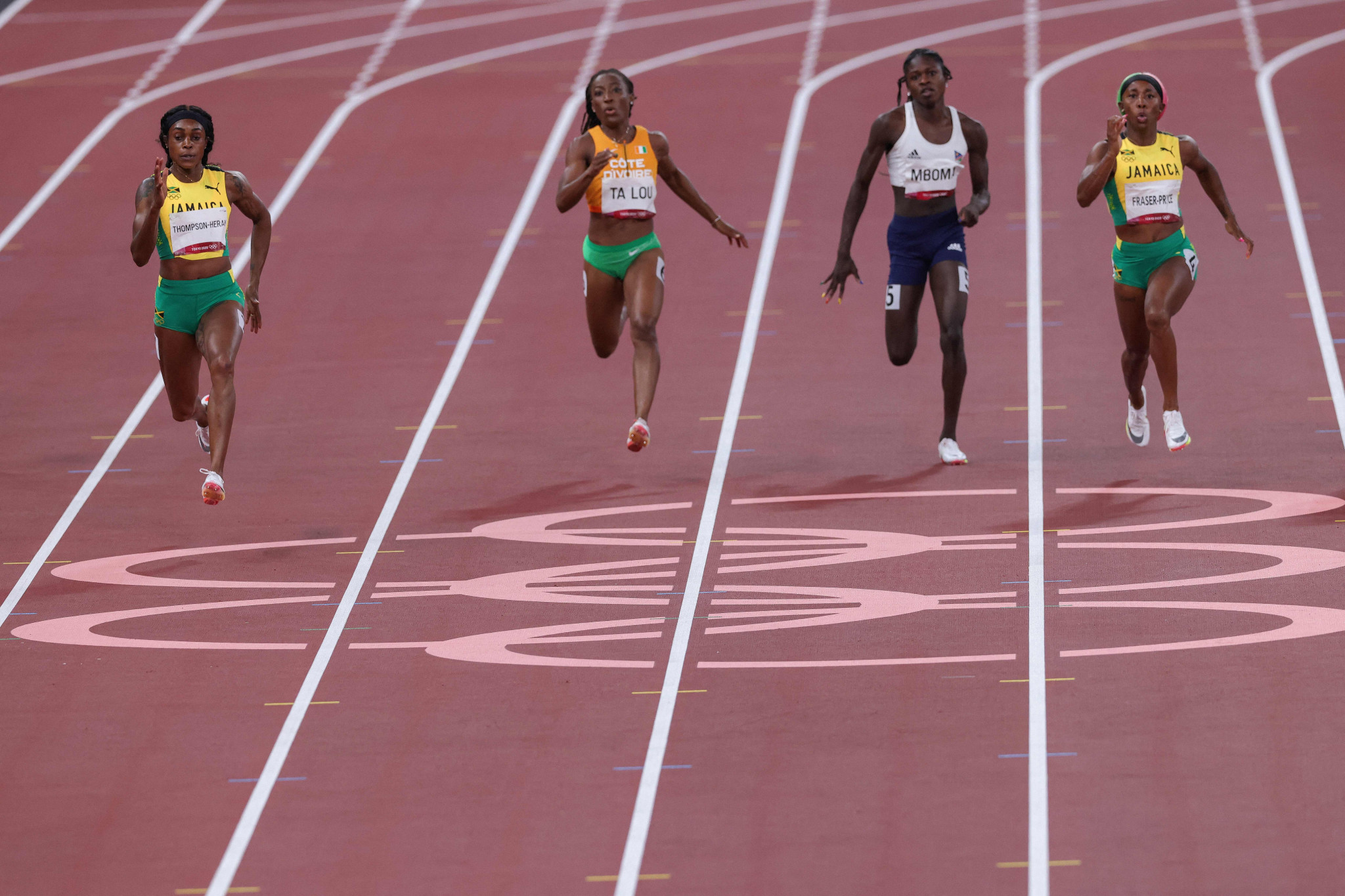 Christine Mboma, second right, came second in the Olympics 200m after World Athletics prevented her from competing in her favoured 400m due to high testosterone levels ©Getty Images