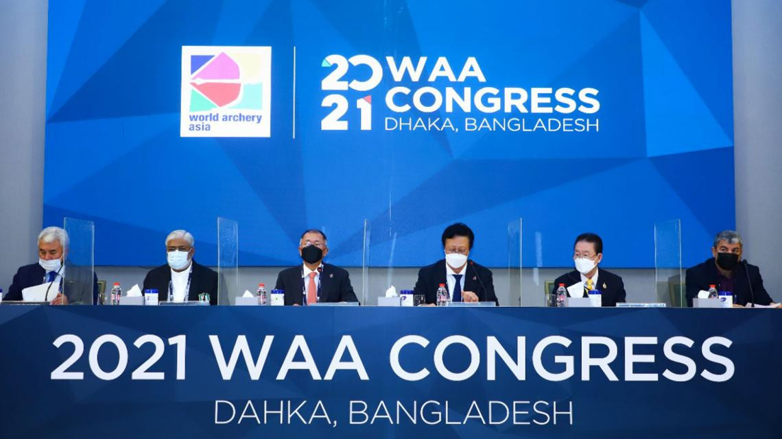 Chung Eui-sun, third left, was elected to serve his fifth consecutive term as World Archery Asia President at the body's General Assembly in Dhaka ©World Archery