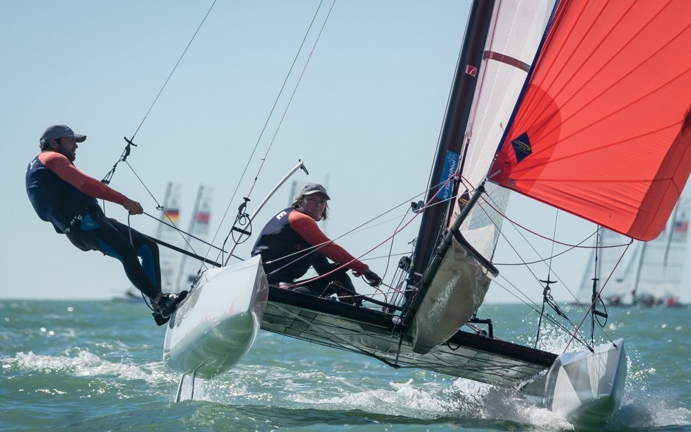 Australia's Jason Waterhouse and Lisa Darmanin moved up to third overall at the Nacra 17 World Championships