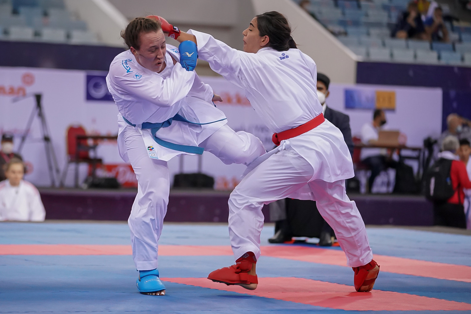Olympic bronze medallist Sofya Berultseva, left, lost out to Spain's Maria Torres Garcia in a thrilling women's over-68kg semi-final ©WKF