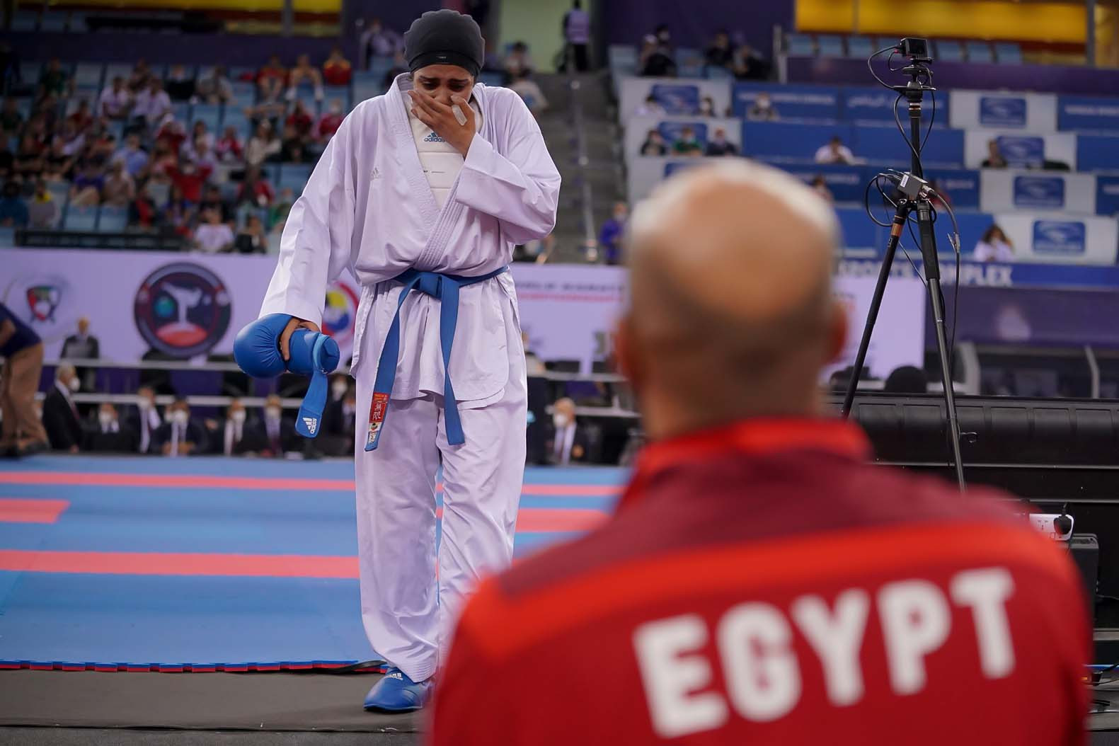 Olympic champion Feryal Abdelaziz reacts after being knocked out of the women's under-68kg event ©WKF