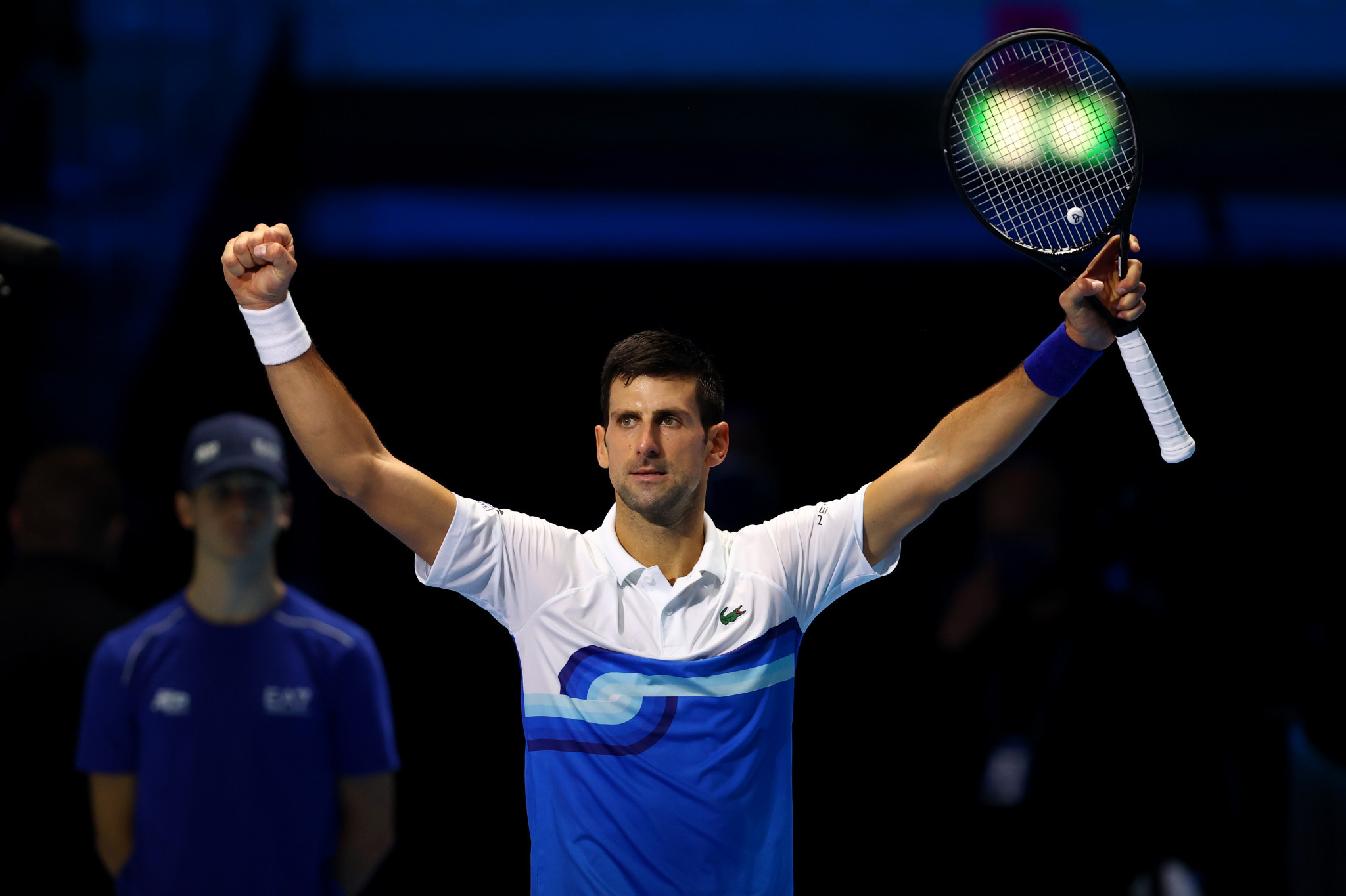Novak Djokovic secured his place in the final four of the ATP Finals with victory over Andrey Rublev ©Getty Images