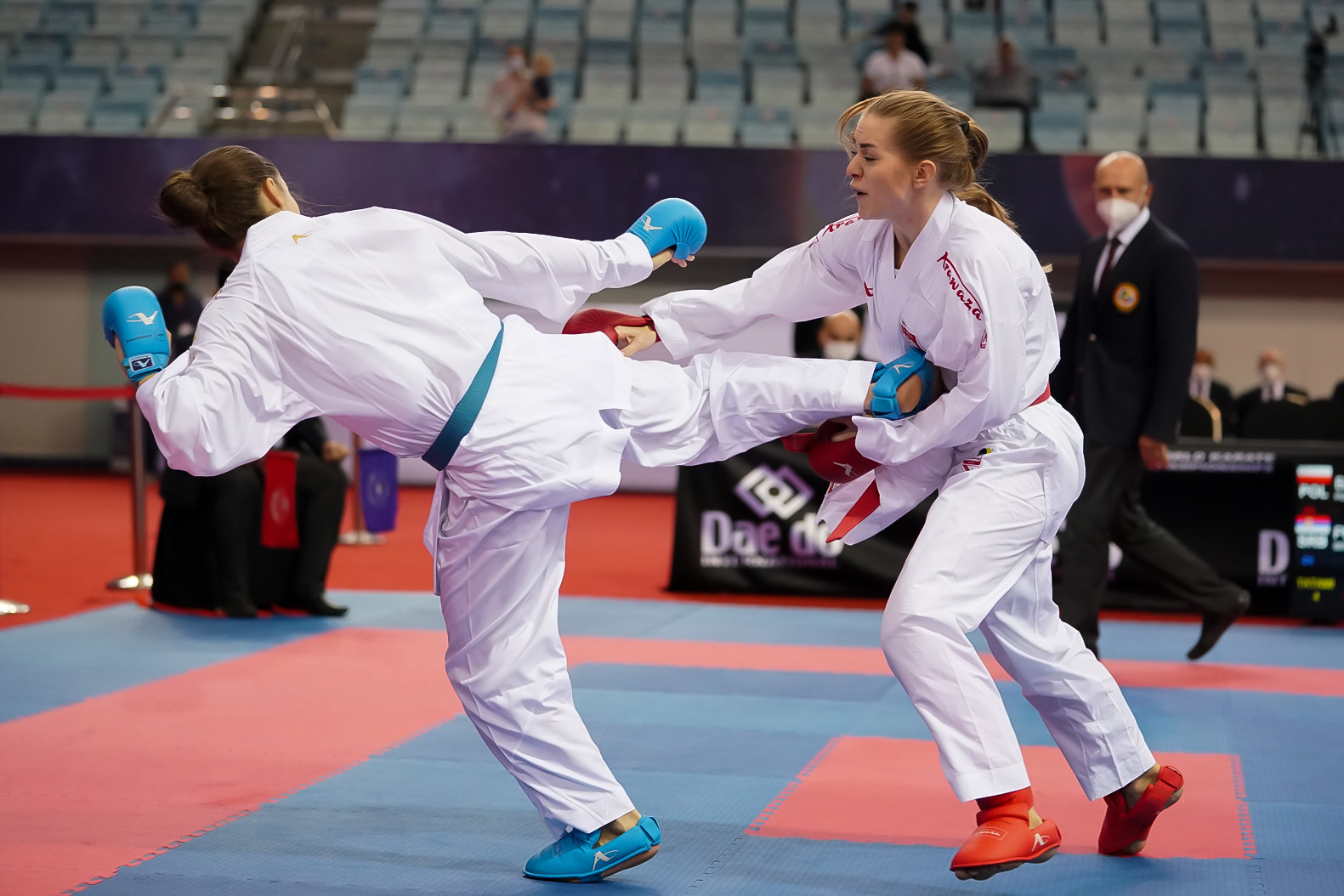 Jovana Preković, left, was among the stars on the second day of the Karate World Championships ©WKF