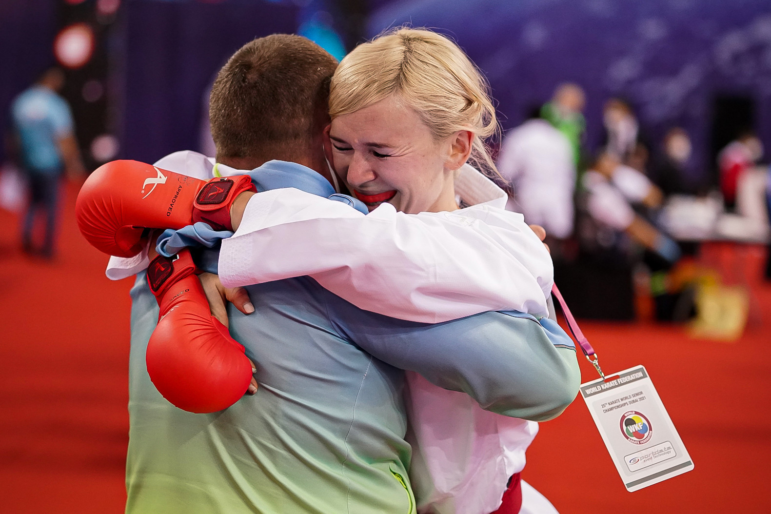 Anita Serogina of Ukraine celebrates reaching the women's under-61kg gold medal bout ©WKF