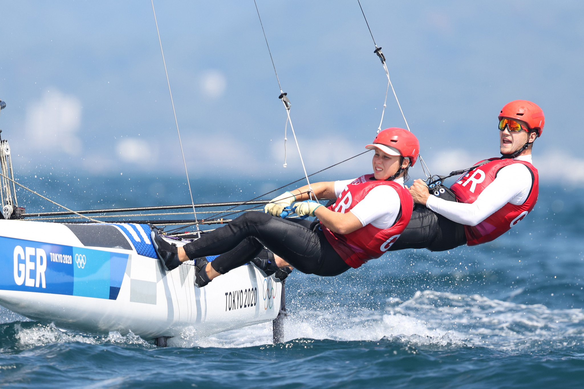 Germany's Paul Kohlhoff and Alicia Stuhlemmer lead in the Nacra 17 fleet at the World Championships in Mussanah ©Getty Images