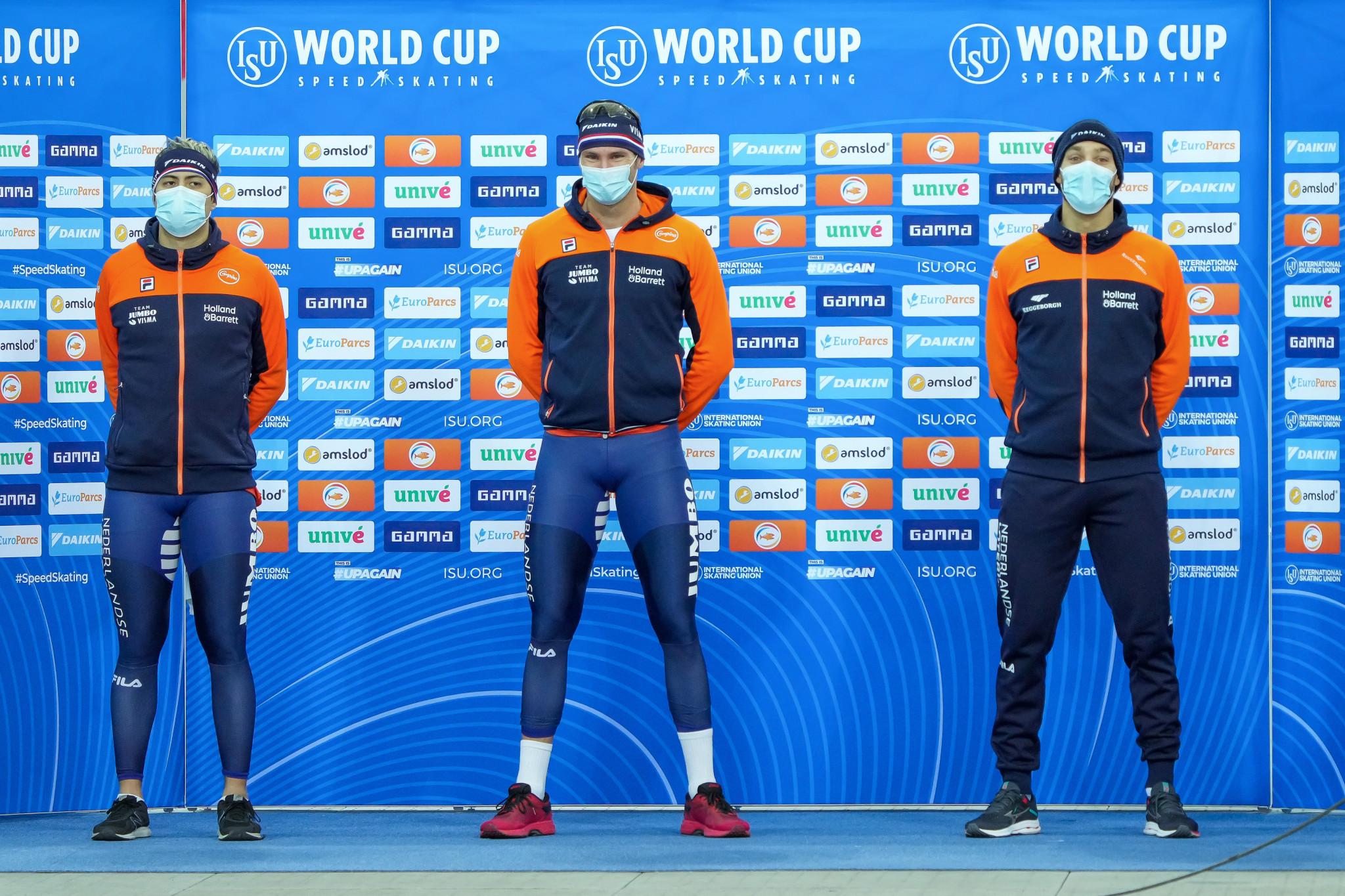 Dutch skaters Thomas Krol, centre, Kai Verbij, left, and  Kjeld Nuis, right, finished in the men's 1,000m top three at the ISU Speed Skating World Cup in Stavanger ©Getty Images