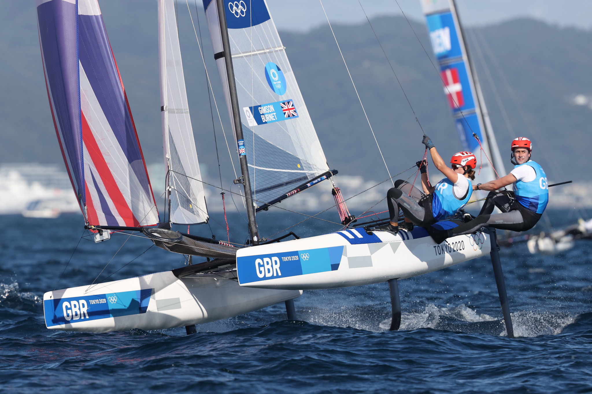 Britain's Olympic silver medallists John Gimson and Anna Burnet moved top of the Nacra 17 standings with one day remaining at the World Championships ©Getty Images