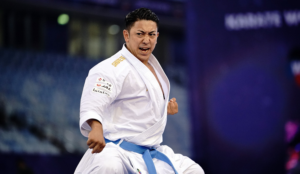 Japan's Ryo Kiyuna won gold in the men's individual and team kata at the Asian Karate Championships ©WKF